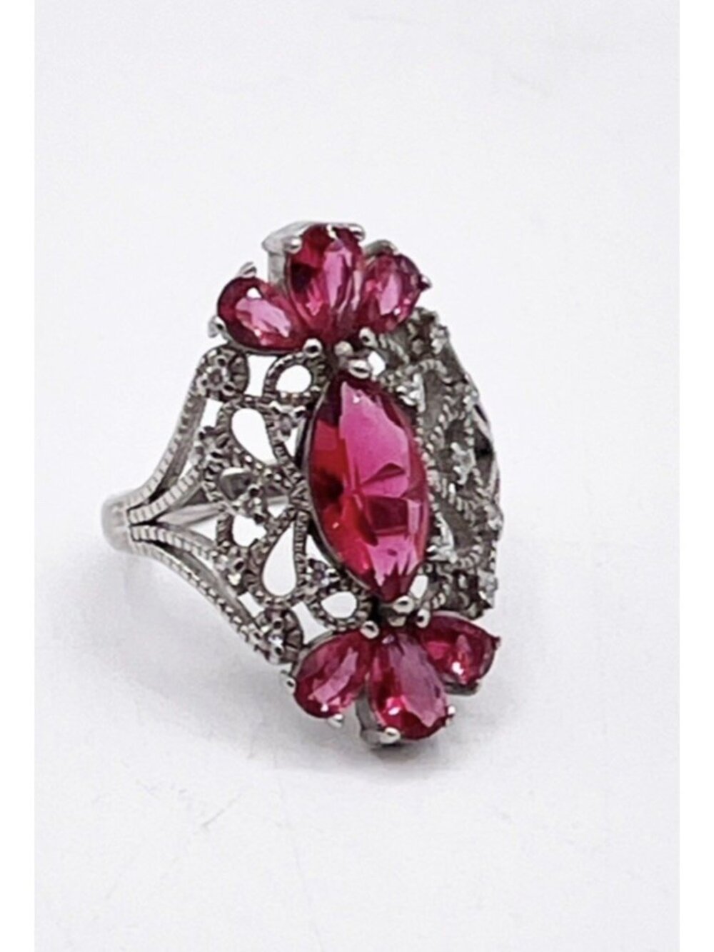 925 Sterling Silver Pink Stone Statement Ring Size 7 Art Deco Filigree Floral